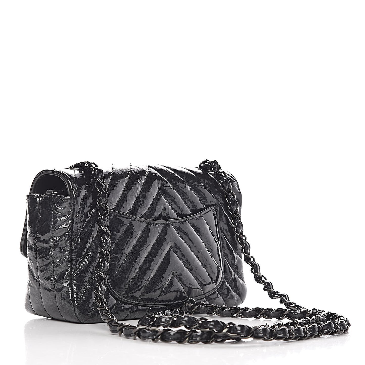 Patent Metallic Crumpled Calfskin Chevron Quilted Mini Rectangular Flap So Black