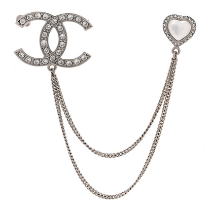 Chanel Diamente Pearl Multi Strand Chain CC Heart Brooch Silver Pearly White 1 of 5
