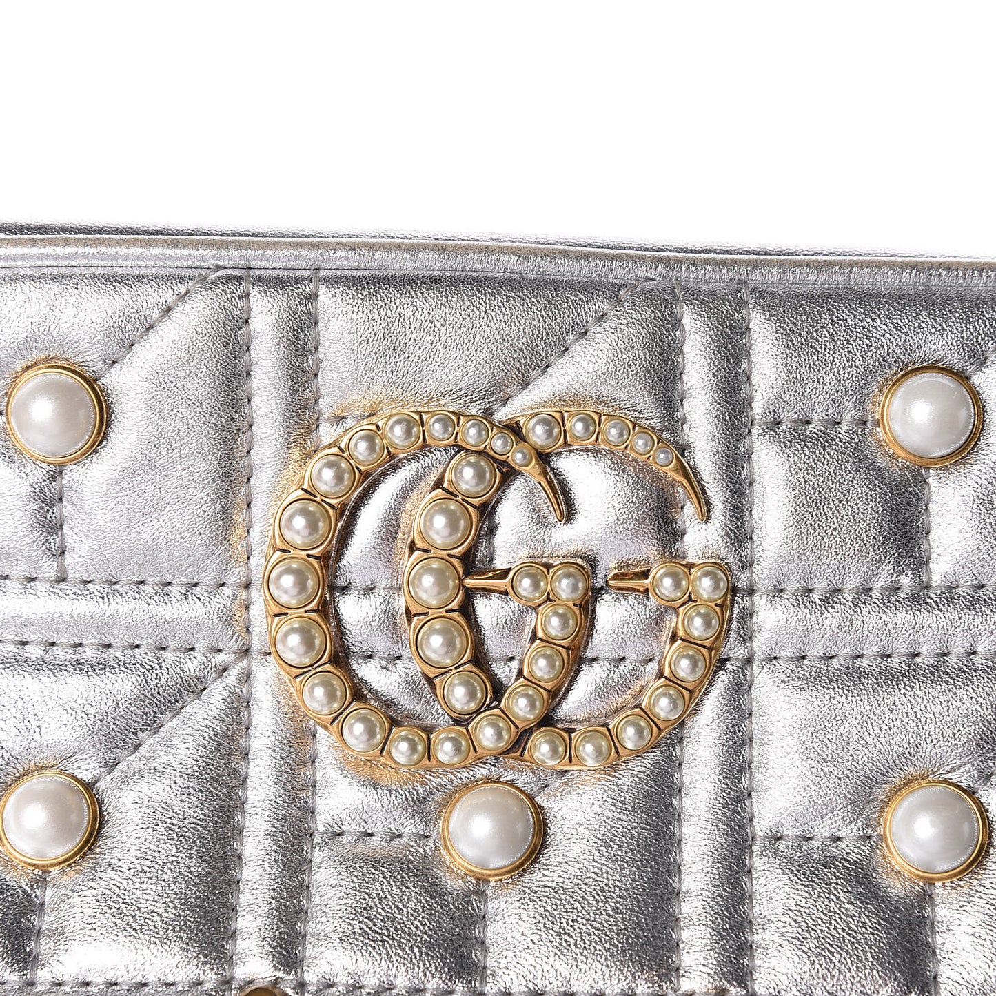Metallic Calfskin Matelasse Studded Small Pearly GG Marmont Chain Shoulder Bag Silver