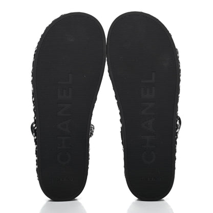 Chanel Cord Lambskin Quilted Logo Sandals 39 Black White 4 of 4
