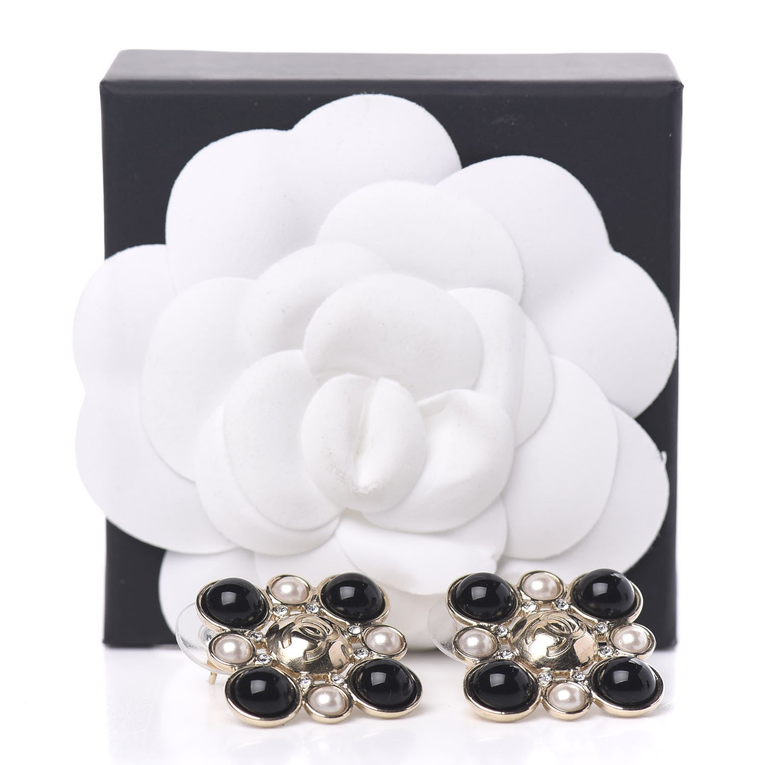 Chanel Gripoix Poured Glass Pearl Crystal CC Earrings Black Gold 5 of 5