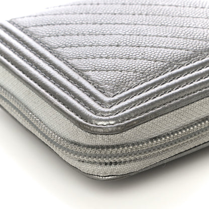 Chanel Metallic Caviar Chevron Quilted Boy Small Zip Around Wallet Silver 12 of 17