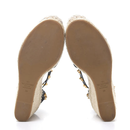 Valentino Garavani Canvas Poppy Embroidered Rockstud Ankle Wrap Espadrille 15/85mm Wedges 39 Black 5 of 9
