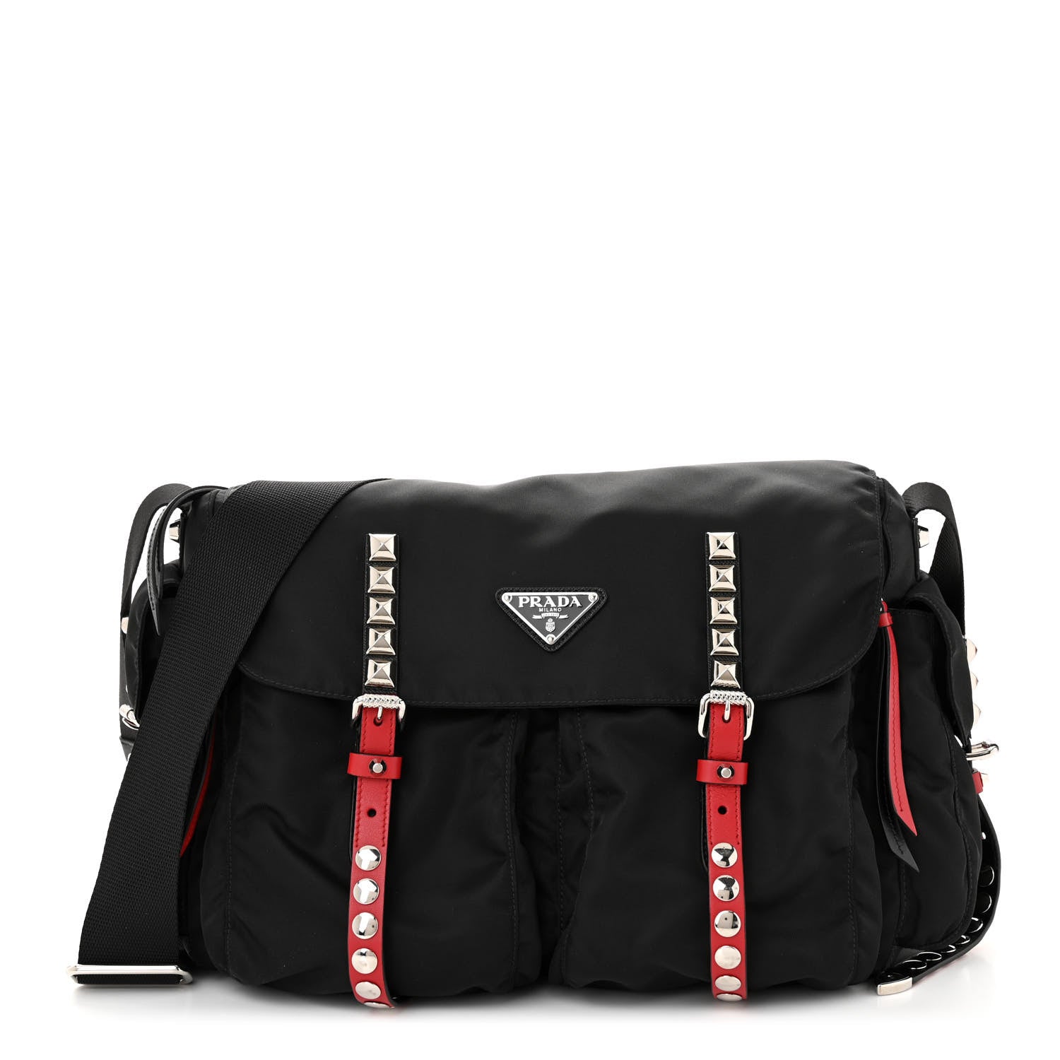 Prada Nylon New Vela Studded Messenger Black Fuoco 1 of 10