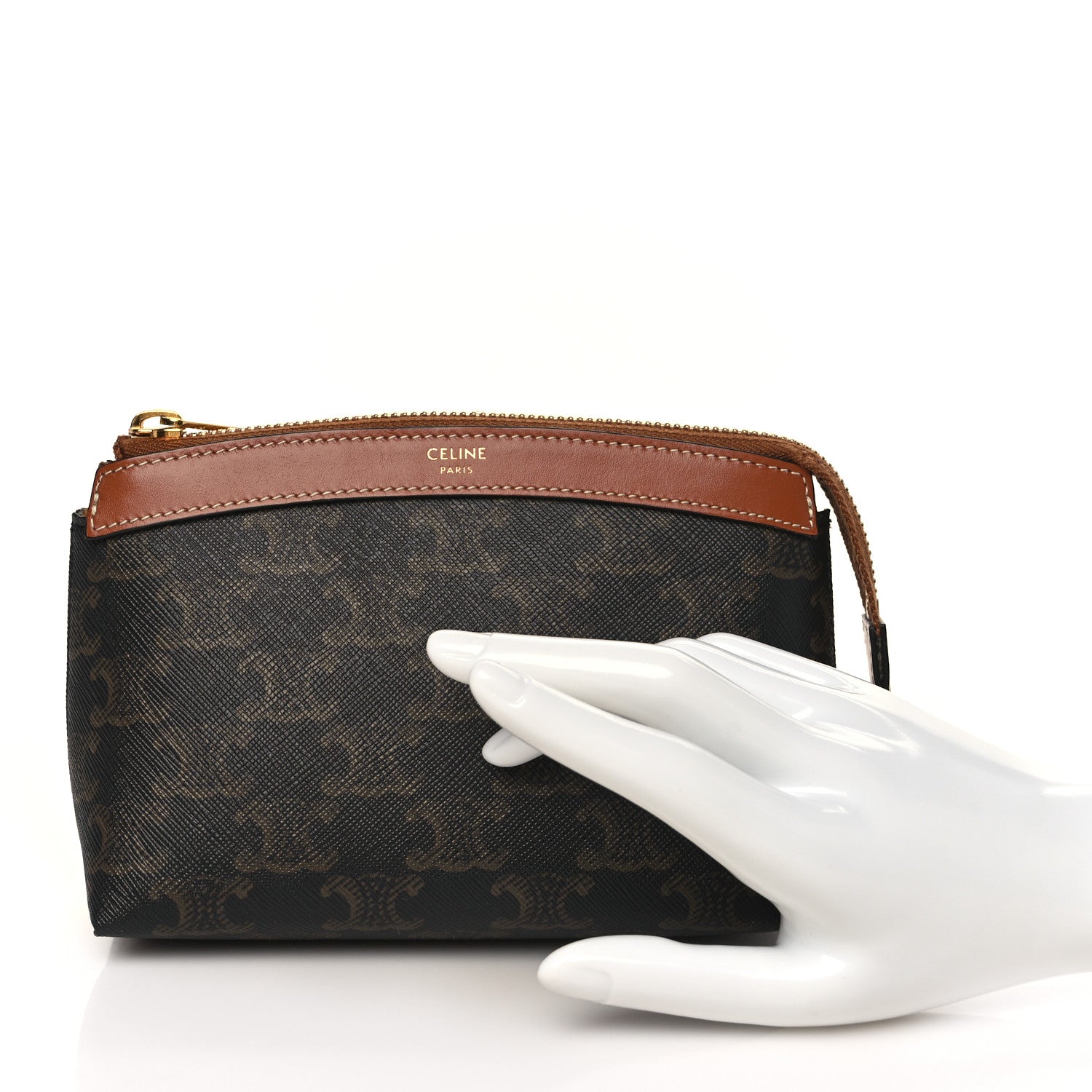 Celine Triomphe Canvas Calfskin Small Zipped Pouch Tan 2 of 8