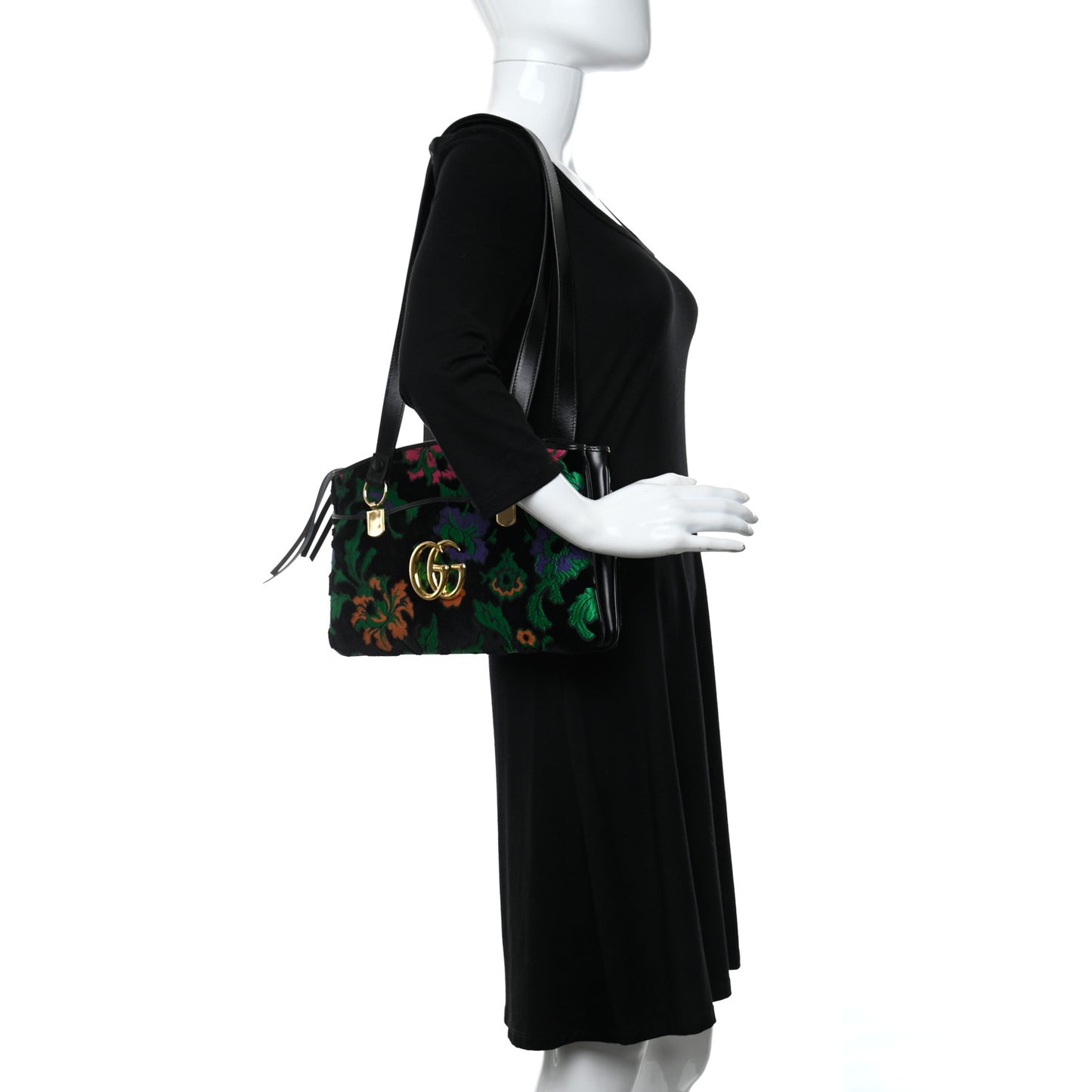 Velvet Jacquard Floral Embroidered Large Arli Top Handle Bag Black Green Multicolor
