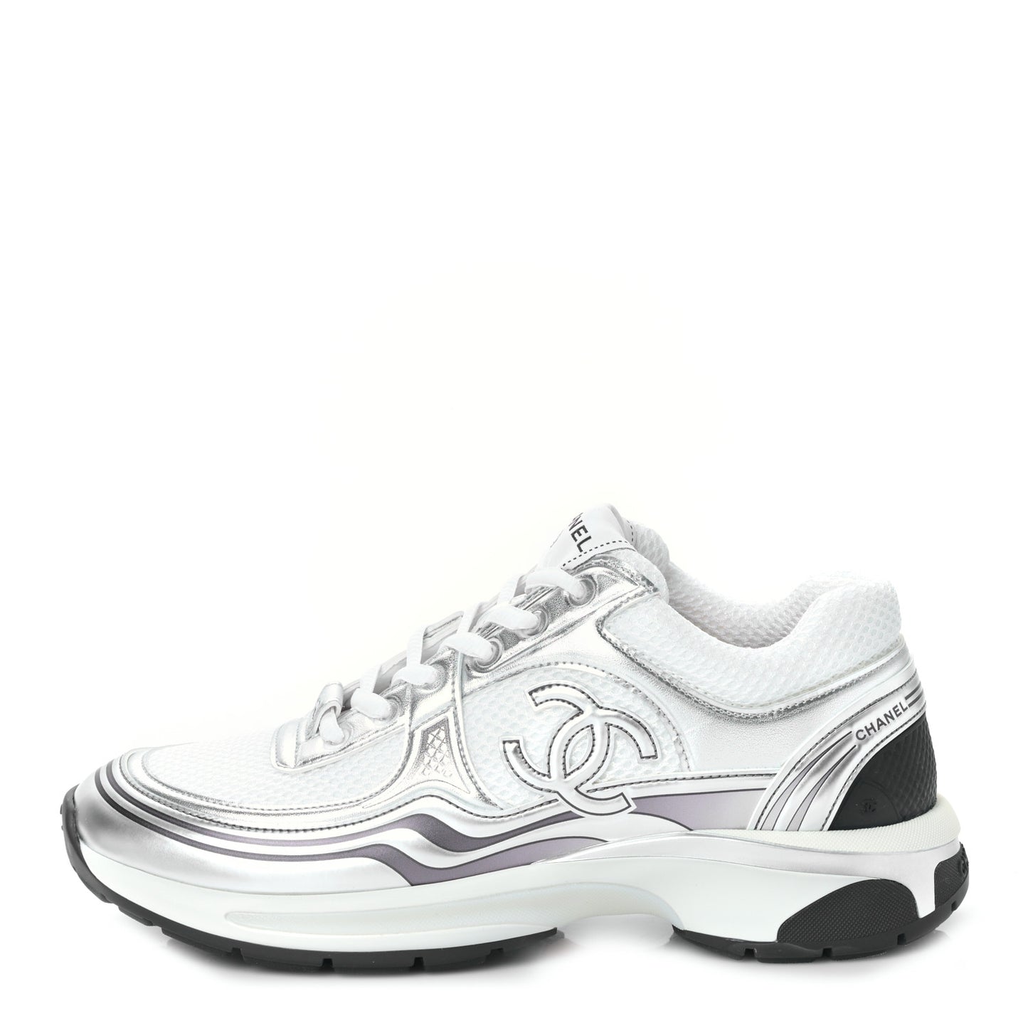 Fabric Laminated Calfskin Stretch CC Womens Sneakers 40 White Silver