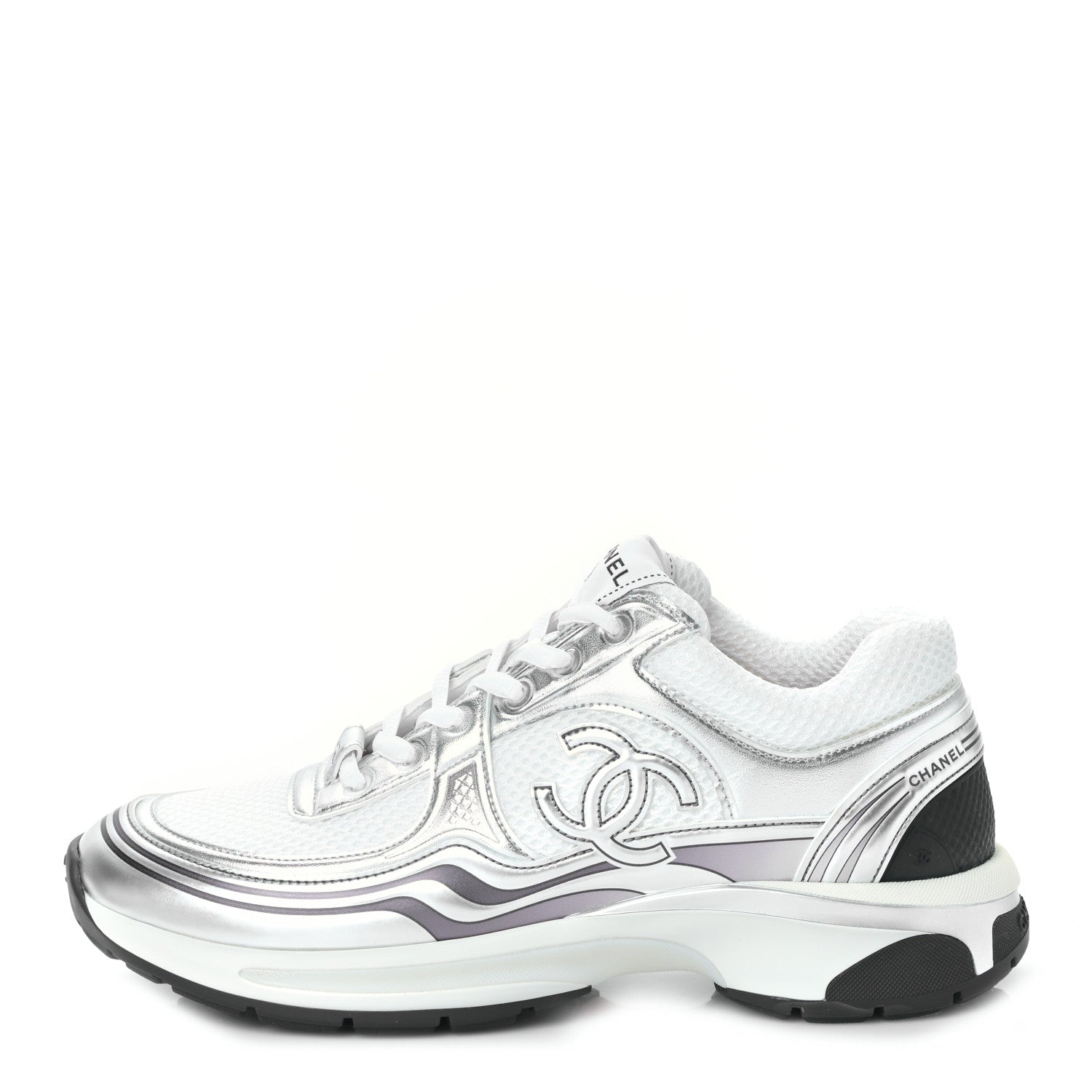 Chanel Fabric Laminated Calfskin Stretch CC Womens Sneakers 40 White Silver 1 of 8