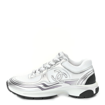 Chanel Fabric Laminated Calfskin Stretch CC Womens Sneakers 40 White Silver 1 of 8