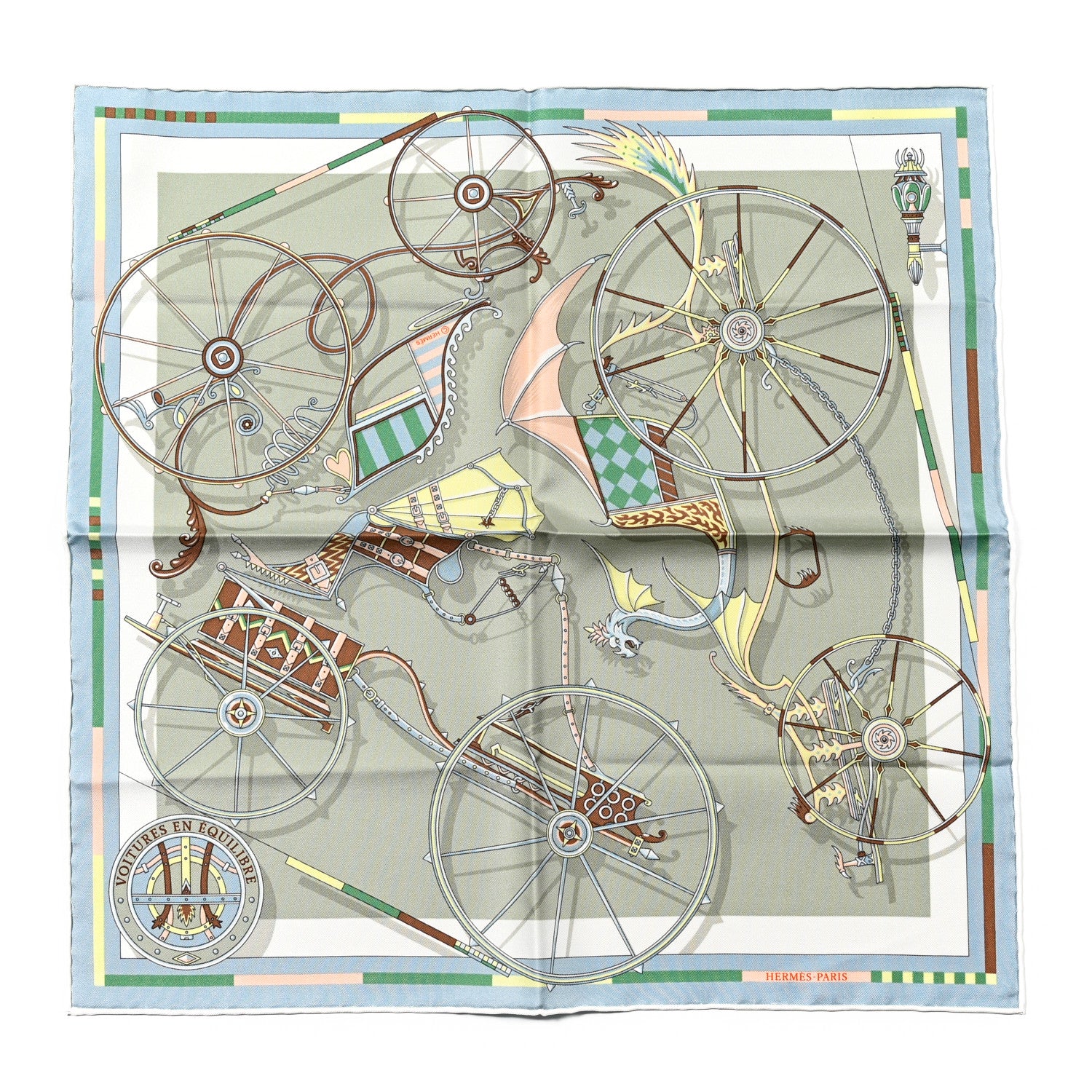 Hermes Silk Voitures en Equilibre Scarf 45 Vert Amande Bleu Glacier Jaune 1 of 8