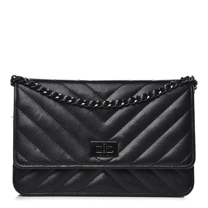 Chanel Sheepskin Chevron Reissue Wallet On Chain WOC So Black 1 of 15