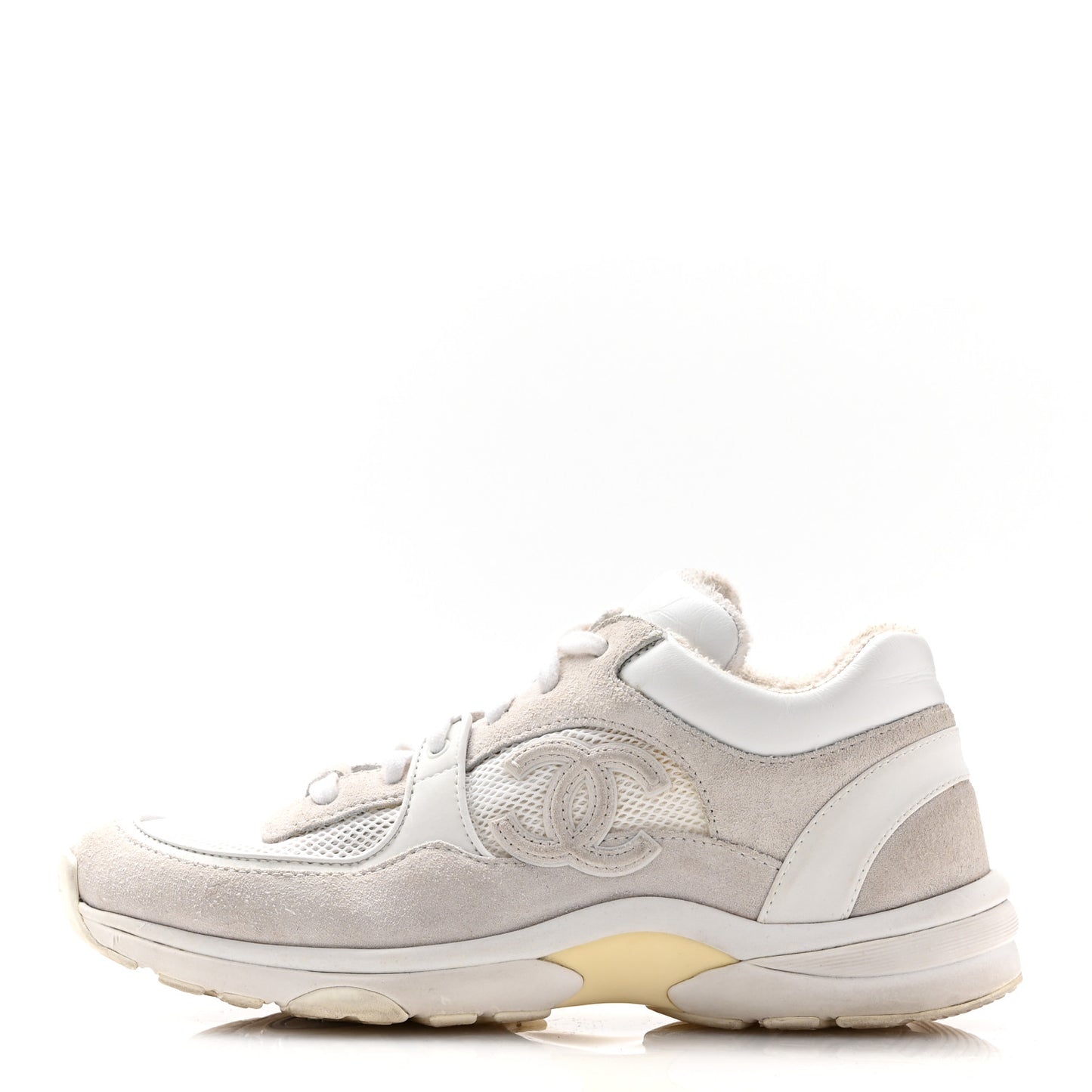 Mesh Suede Calfskin Grained Calfskin Womens CC Sneakers 39 White Grey