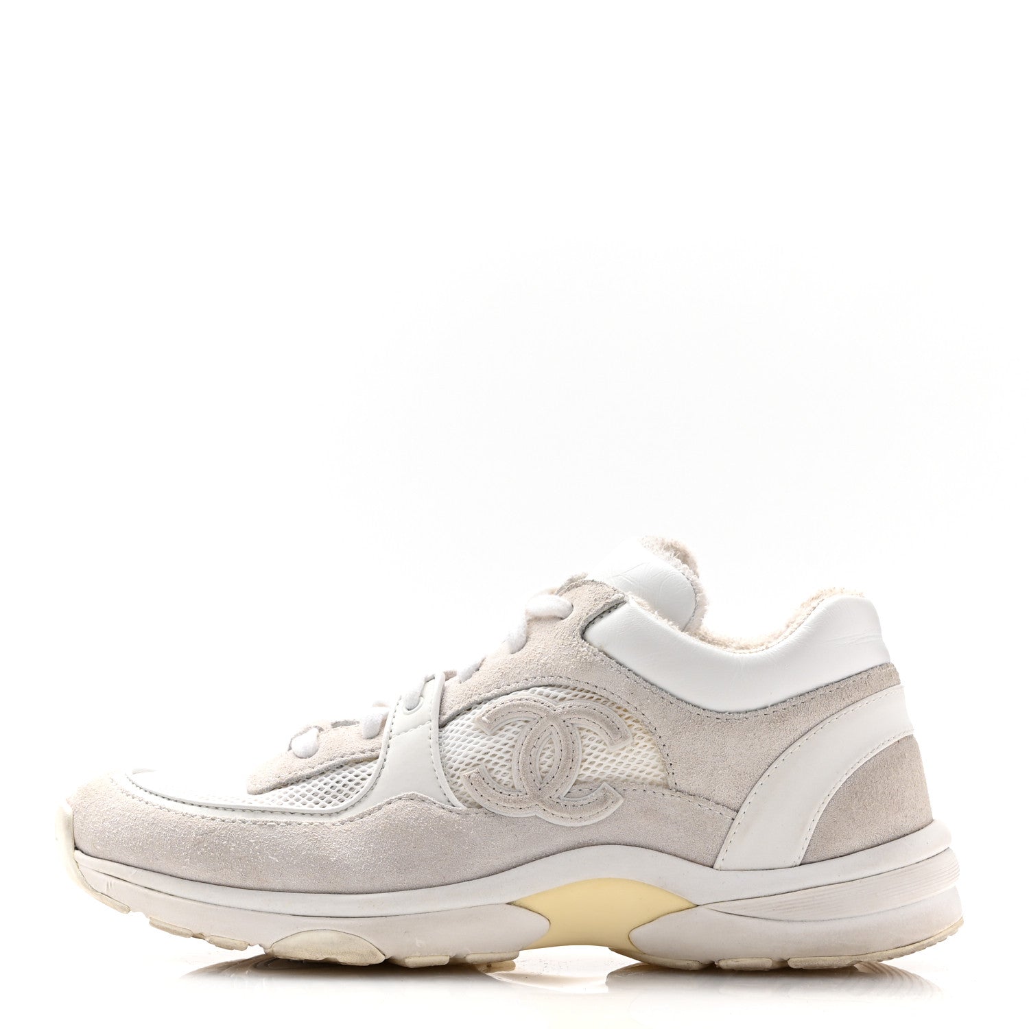 Chanel Mesh Suede Calfskin Grained Calfskin Womens CC Sneakers 39 White Grey 1 of 10