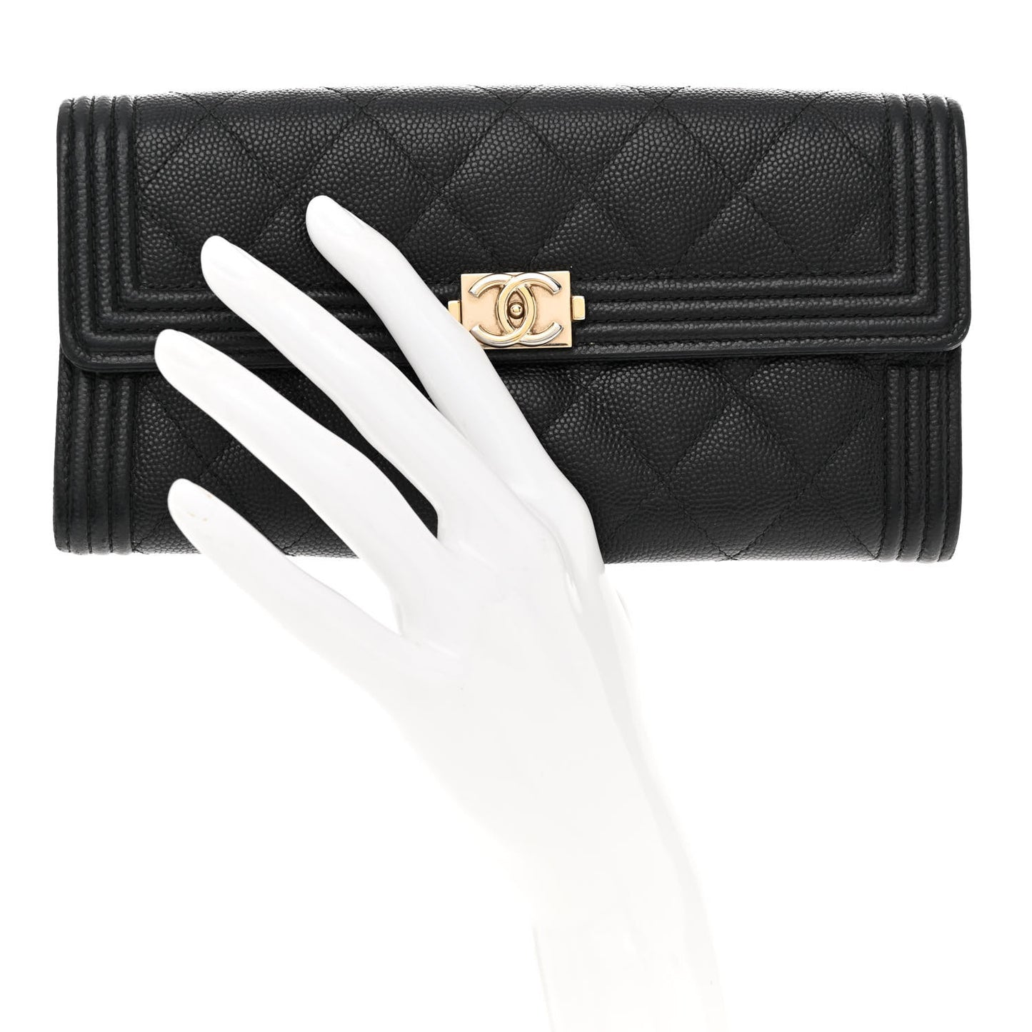 Caviar Quilted Large Boy Gusset Flap Wallet Black