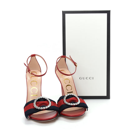 Gucci Nappa Crystal Web Ankle Strap High Heel Sandals 37.5 Hibiscus Red 8 of 8