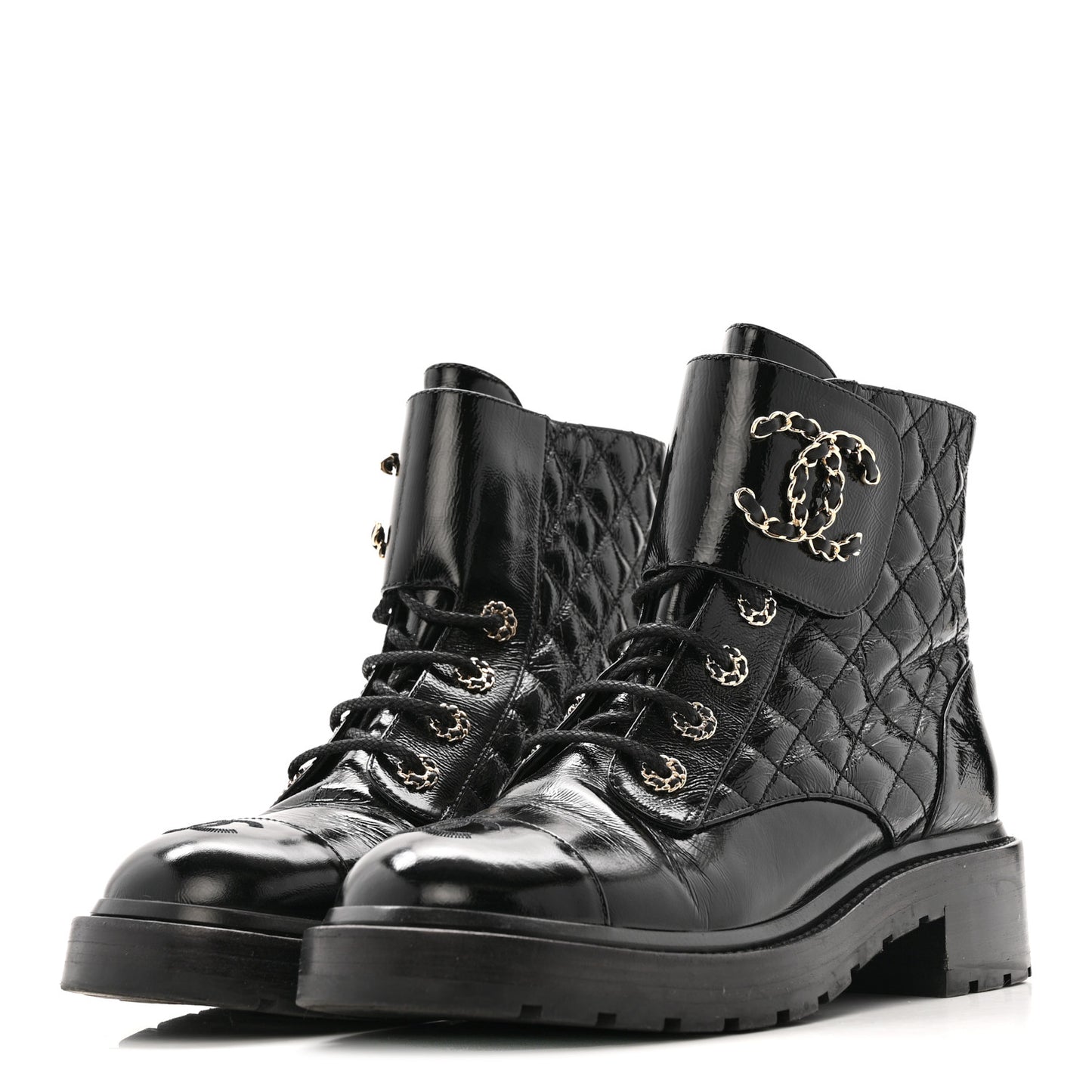 Shiny Calfskin Quilted Lace Up Combat Boots 39 Black