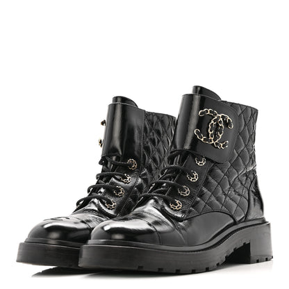 Chanel Shiny Calfskin Quilted Lace Up Combat Boots 39 Black 4 of 9