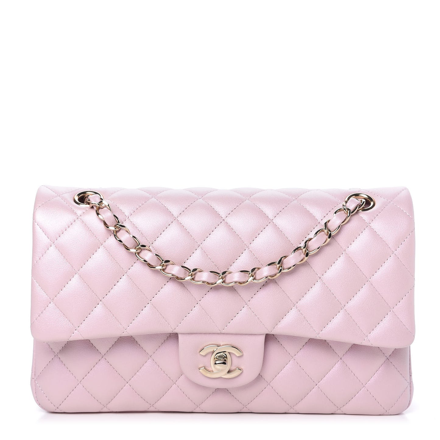 Iridescent Calfskin Quilted Medium Double Flap Light Pink