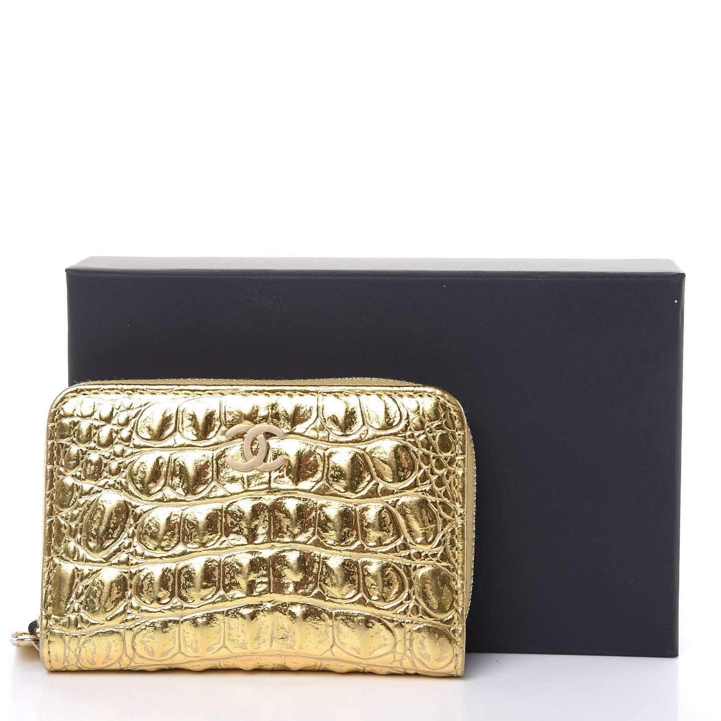 Metallic Calfskin Crocodile Embossed Cocodile Zip Coin Case Gold