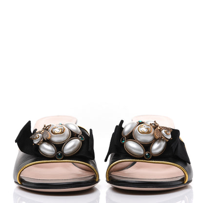 Gucci Nappa Silk Pearl Bee Embellished Mid Heel Slide Sandals 38.5 Black 2 of 14