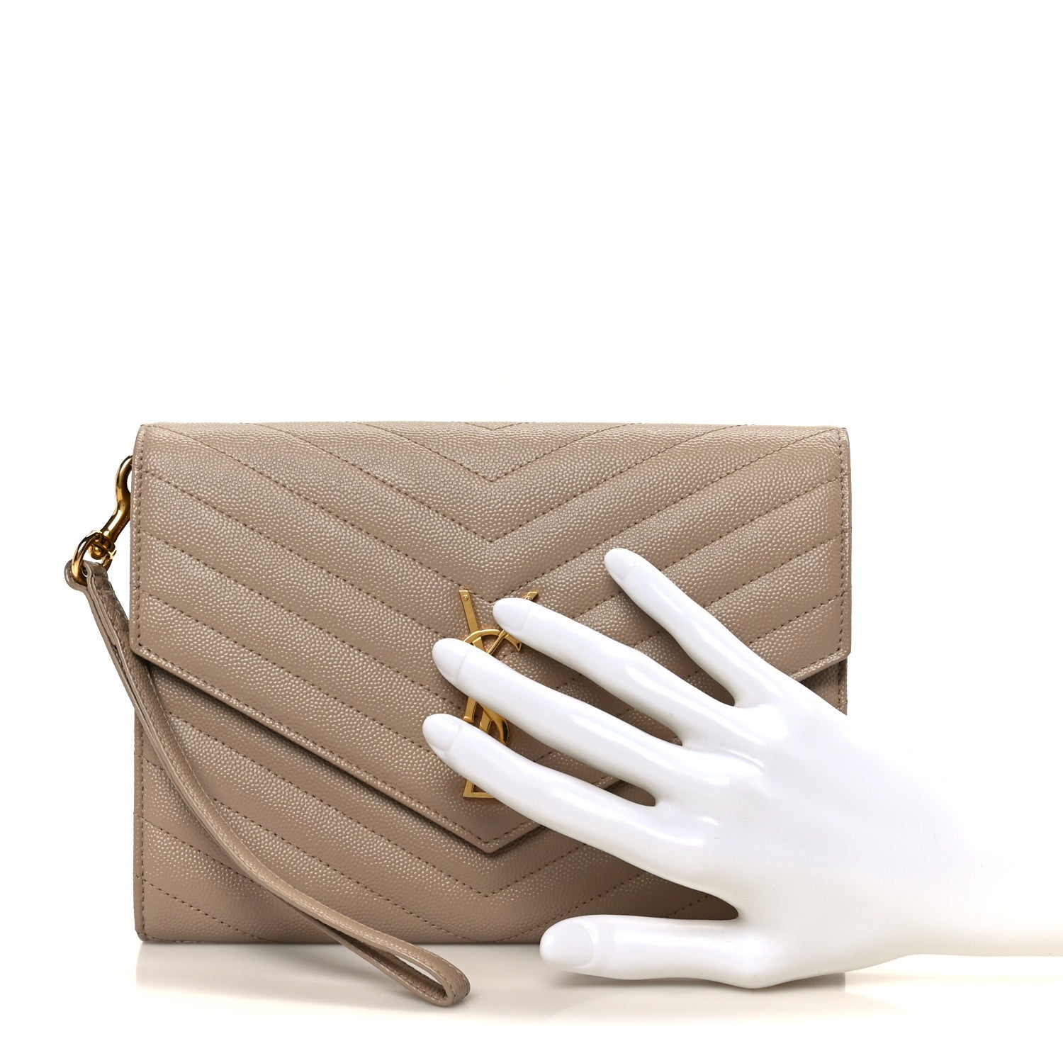 Saint Laurent Grain De Poudre Matelasse Chevron Monogram Envelope Clutch Dark Beige 2 of 10