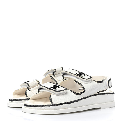 Chanel Calfskin Printed Velcro Dad Sandals 37 White Black 3 of 9