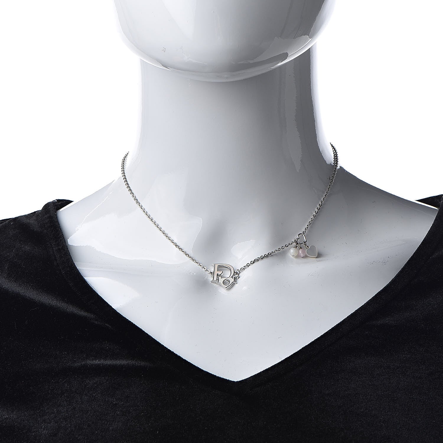 Christian Dior Logo Pendant Necklace Silver White 2 of 8