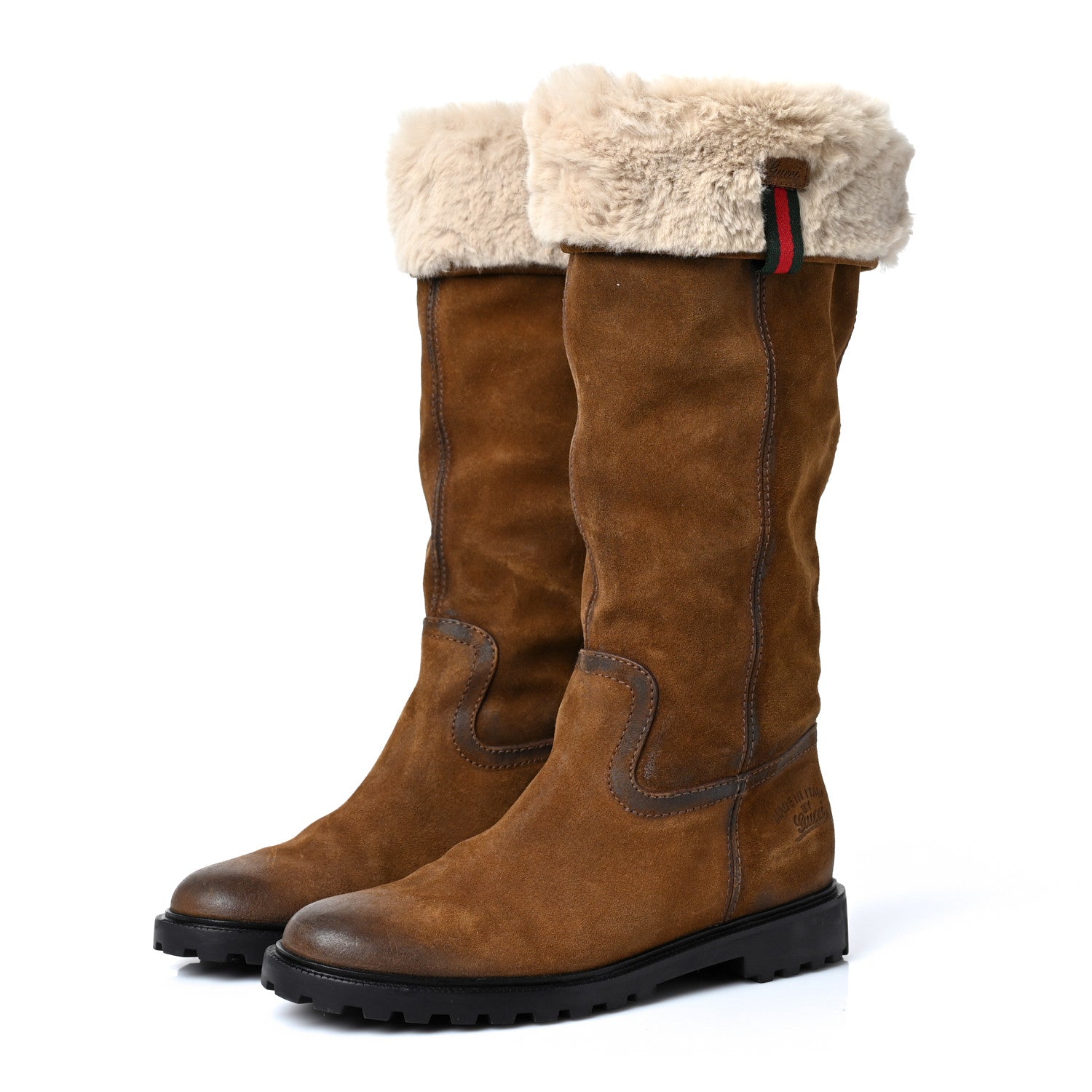 Gucci Suede Rabbit Fur Web Saint Moritz Knee High Boots 36.5 Brown Naturale 3 of 8