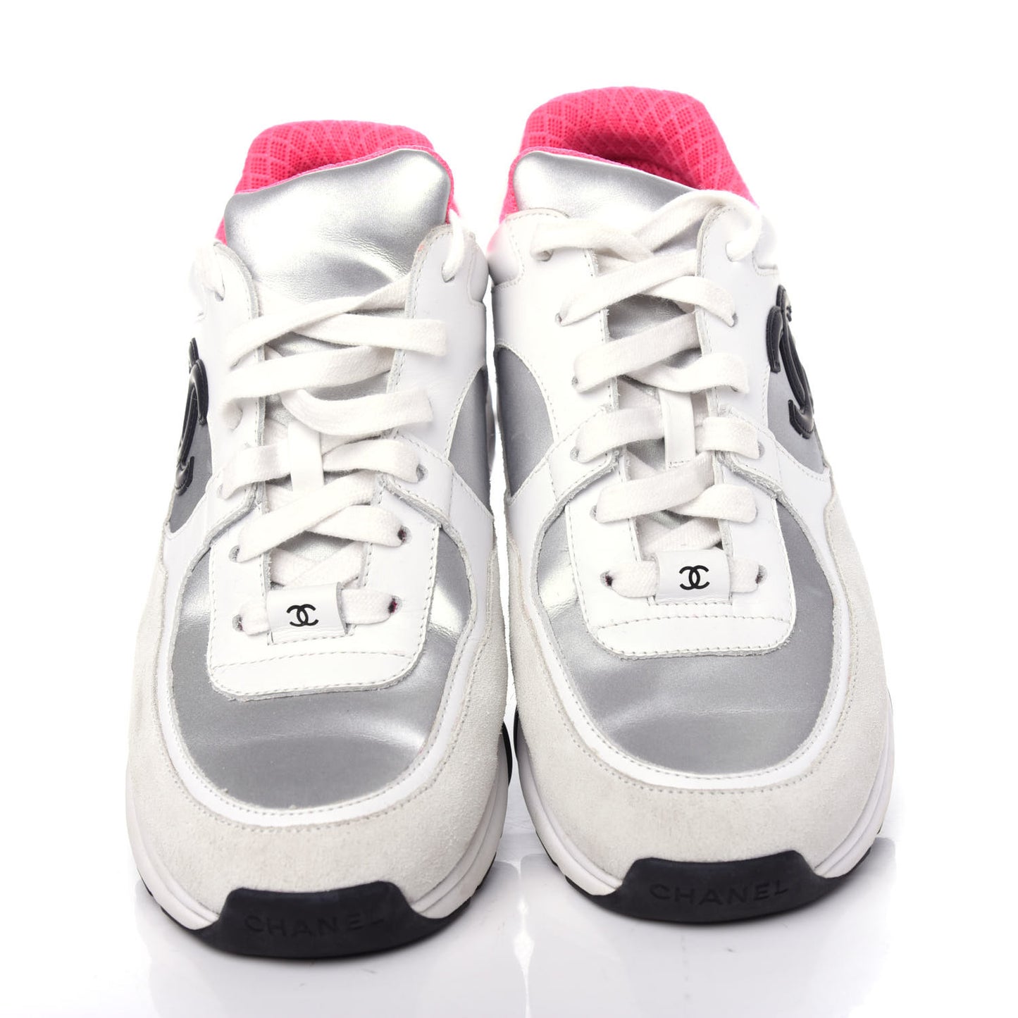 Calfskin Fabric Sneakers 38 White Silver Fluo Pink