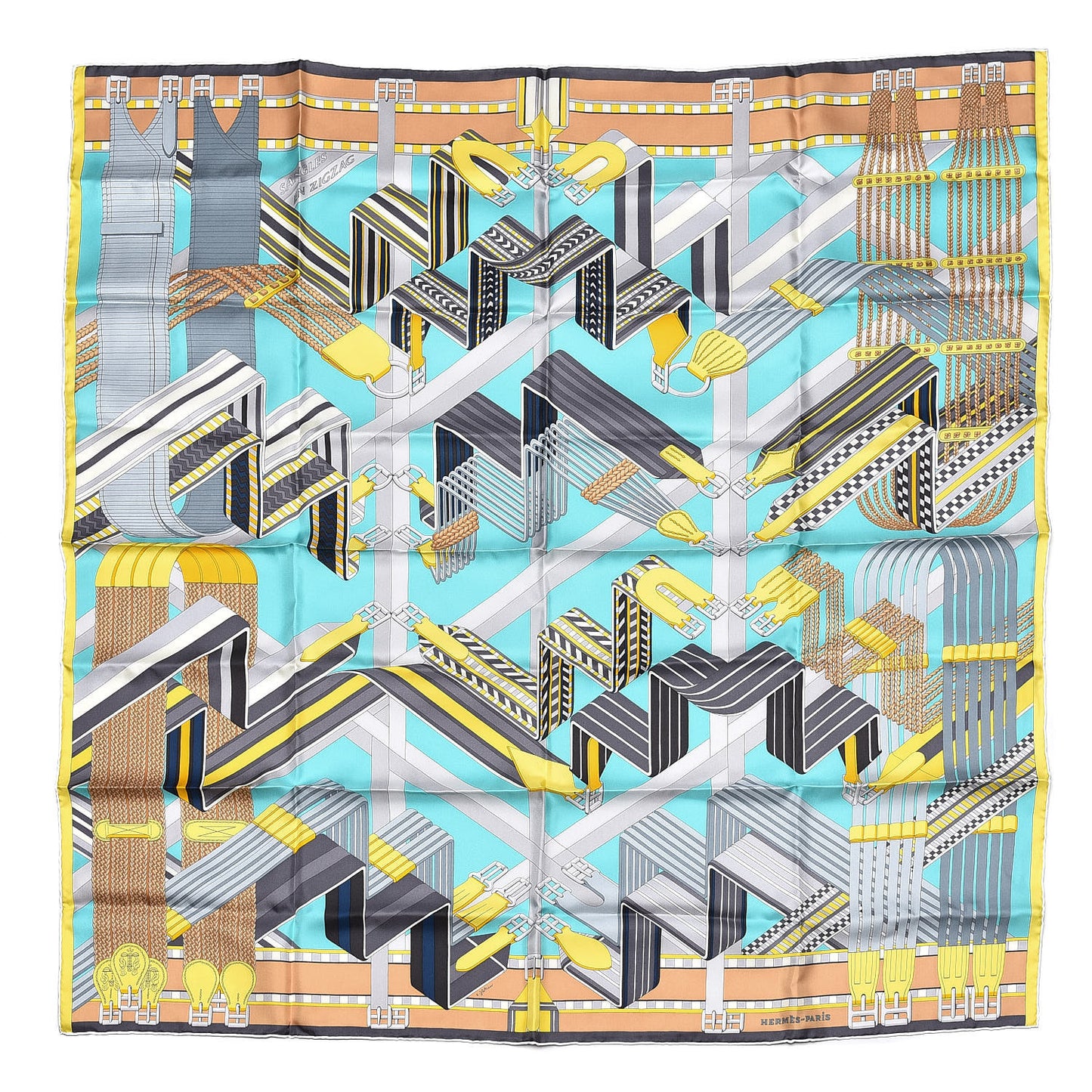 Silk Sangles En Zigzag Scarf 90 Turquoise Beige Gris