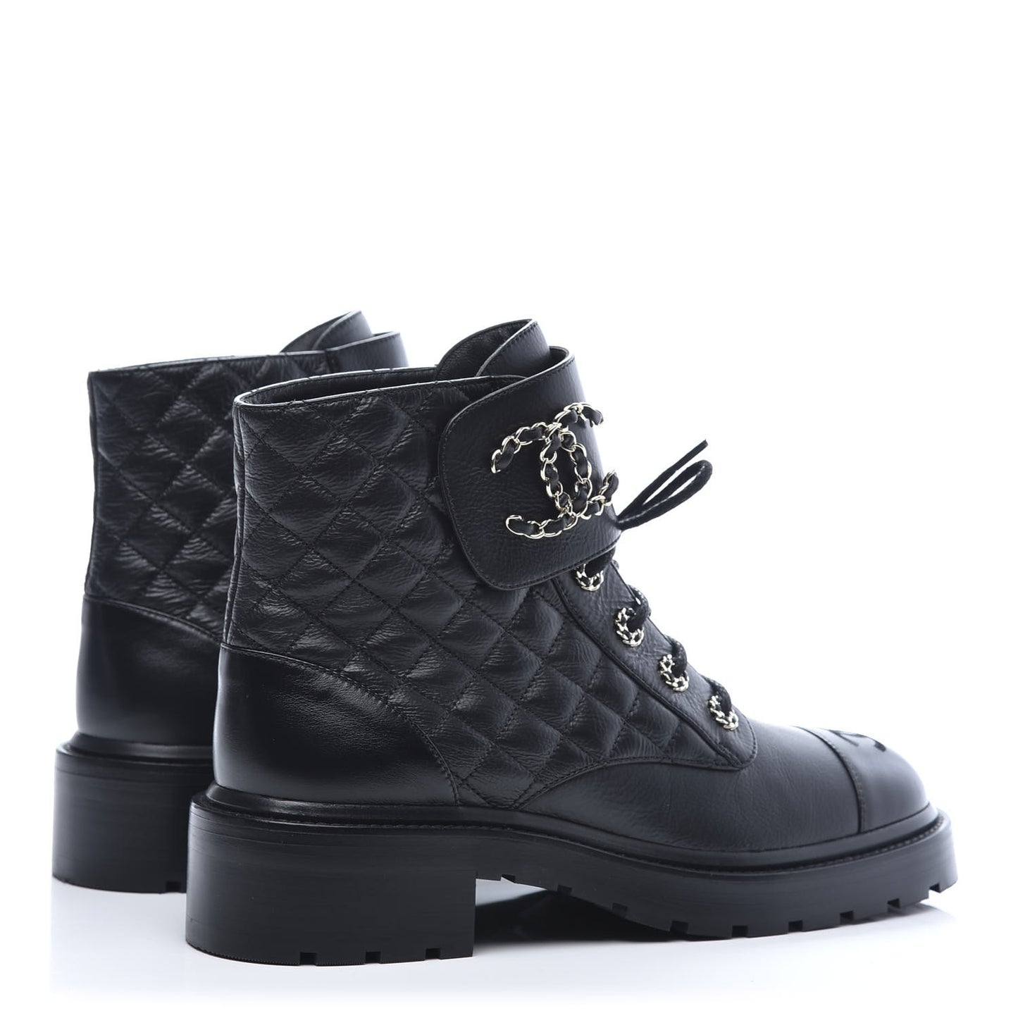 Shiny Goatskin Calfskin Quilted Lace Up Combat Boots 40.5 Black