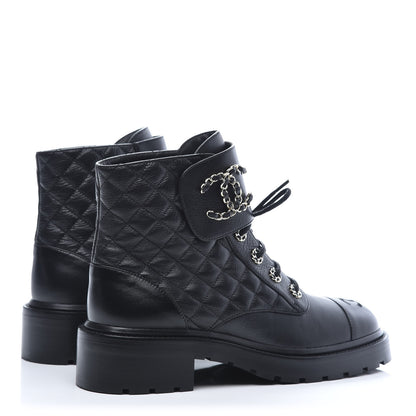 Chanel Shiny Goatskin Calfskin Quilted Lace Up Combat Boots 40.5 Black 4 of 9