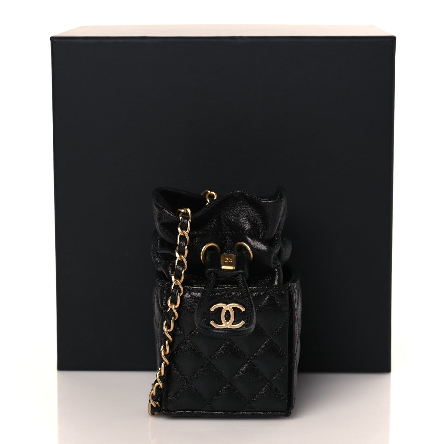 Calfskin Quilted Mini Drawstring Bucket Bag Black