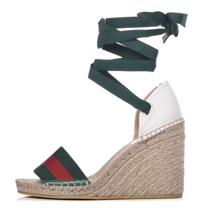 Gucci Canvas Malaga Kid Web Ankle Wrap Espadrille Wedge Sandals 36.5 Green Red Mystic White Emerald 1 of 13