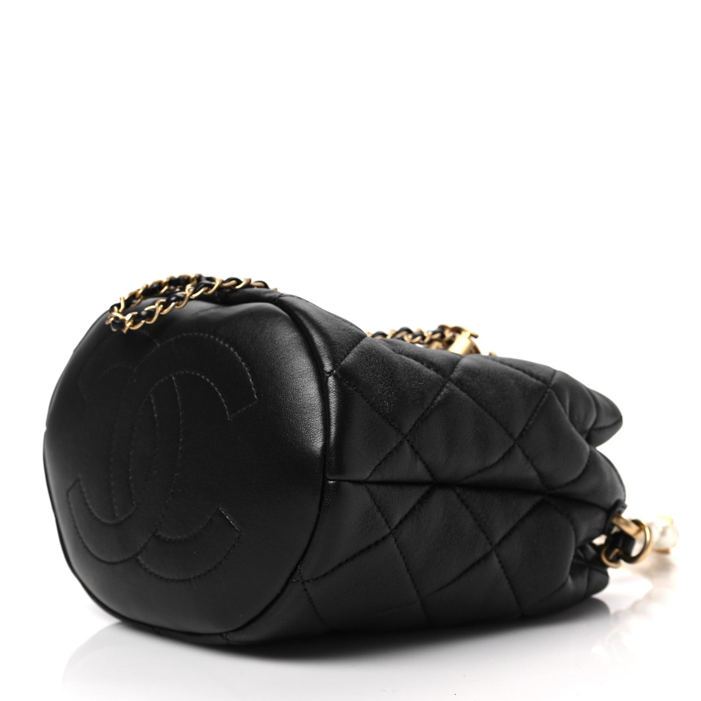 Lambskin Quilted Pearl Crown Drawstring Bag Black