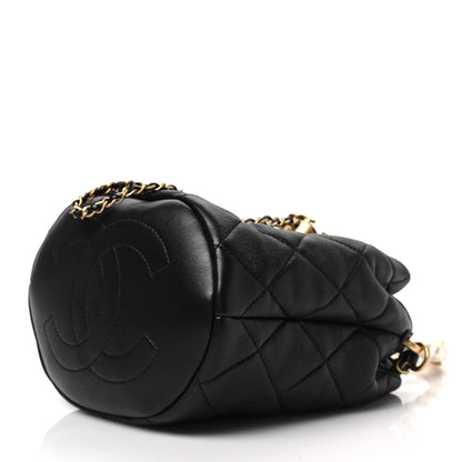 Chanel Lambskin Quilted Pearl Crown Drawstring Bag Black 8 of 8