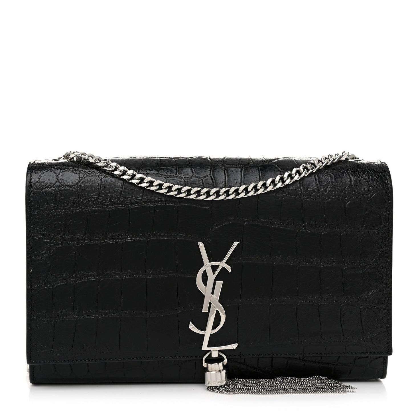 Calfskin Crocodile Embossed Medium Classic Monogram Kate Tassel Satchel Black