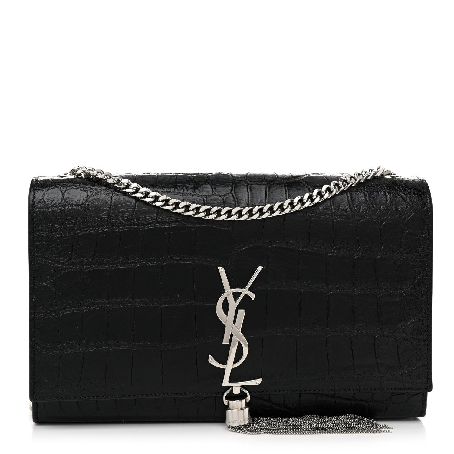 Saint Laurent Calfskin Crocodile Embossed Medium Classic Monogram Kate Tassel Satchel Black 1 of 9