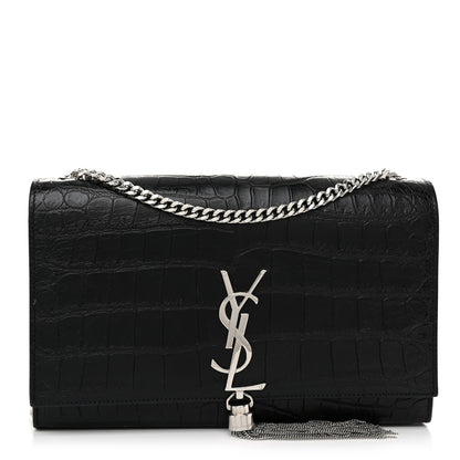 Saint Laurent Calfskin Crocodile Embossed Medium Classic Monogram Kate Tassel Satchel Black 1 of 9