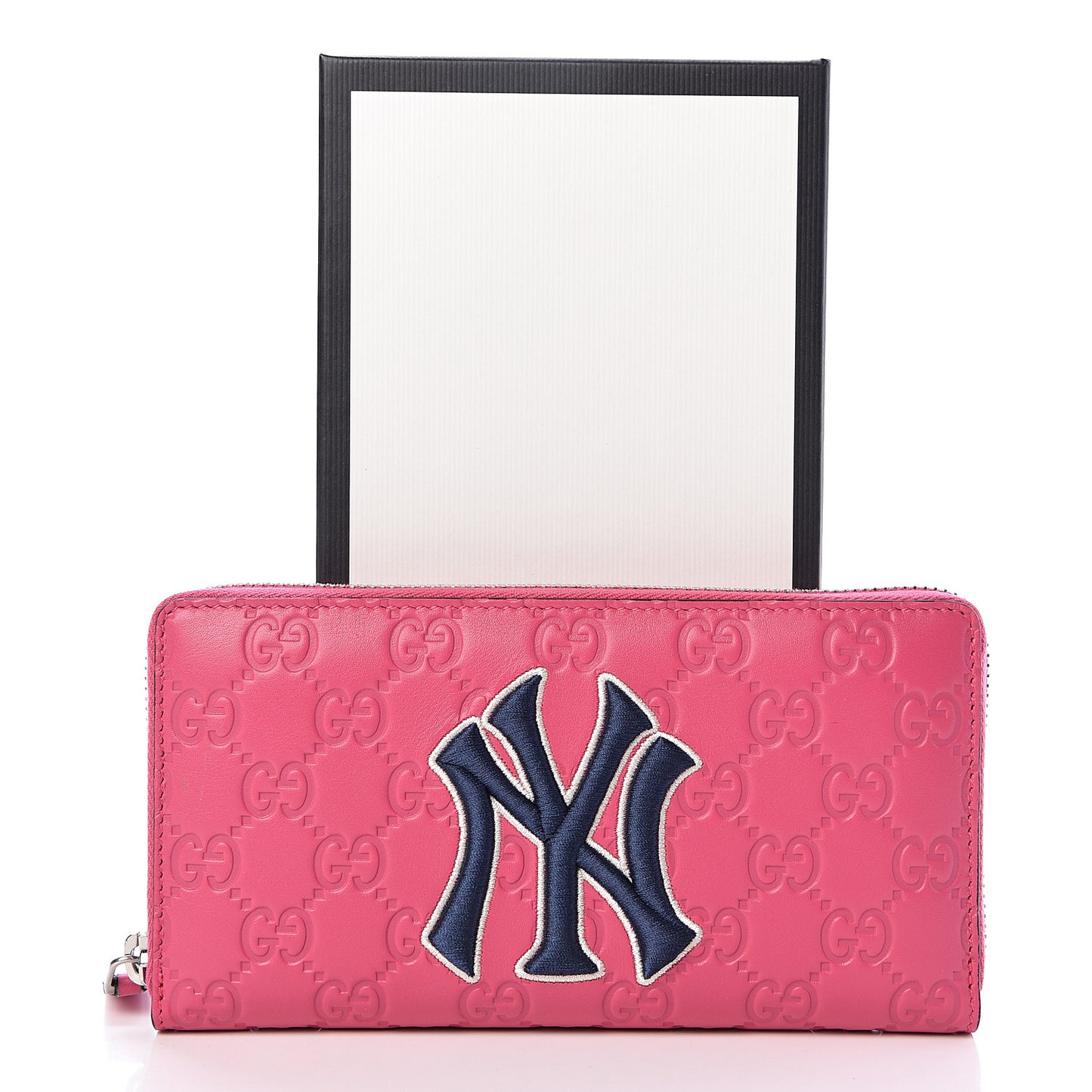 X MLB Guccissima Signature NY Yankees Embroidered Zip Around Wallet Box Pink Blue Ivory