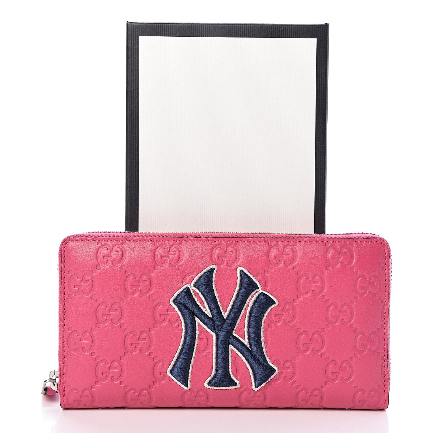 Gucci X MLB Guccissima Signature NY Yankees Embroidered Zip Around Wallet Box Pink Blue Ivory 8 of 8