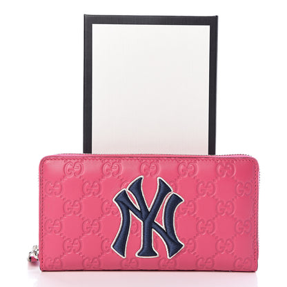 Gucci X MLB Guccissima Signature NY Yankees Embroidered Zip Around Wallet Box Pink Blue Ivory 8 of 8