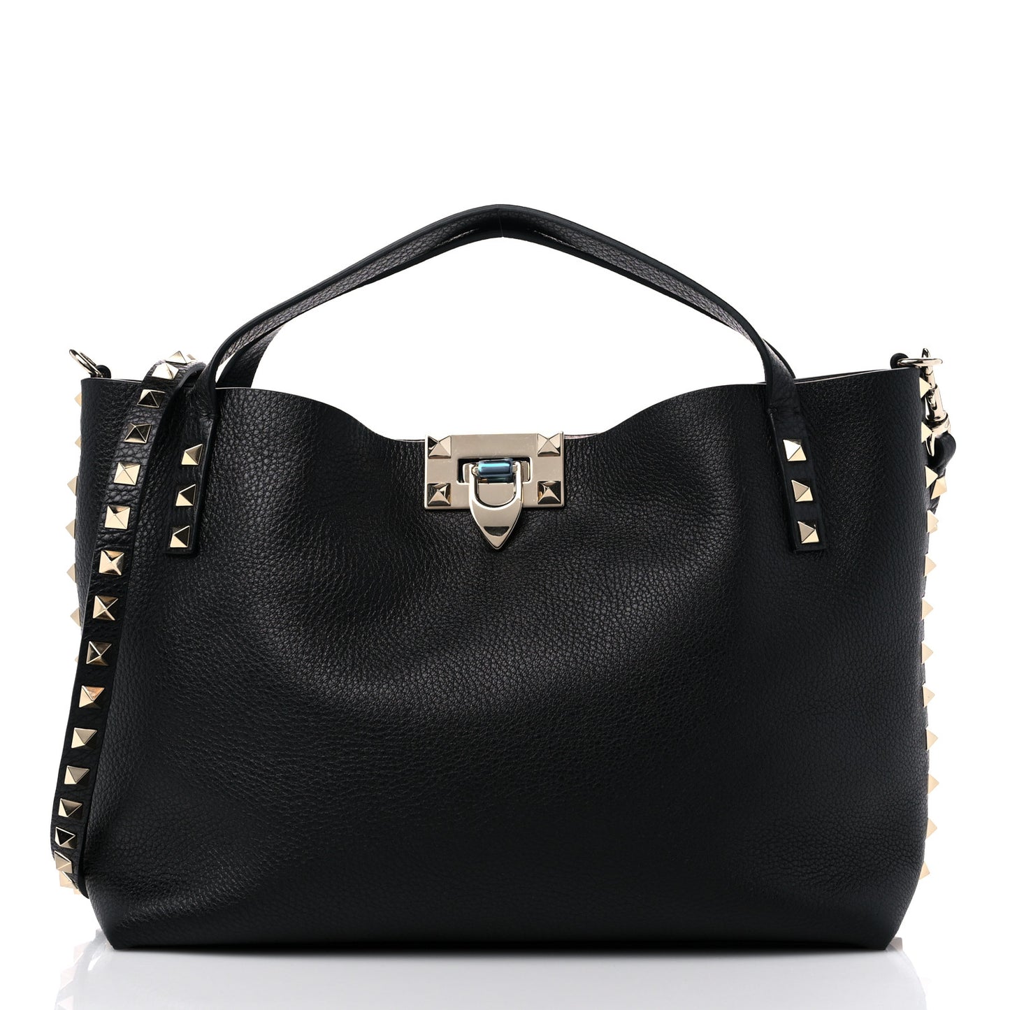 Grained Calfskin Small Rockstud Flip Lock Tote Black Rose Quartz