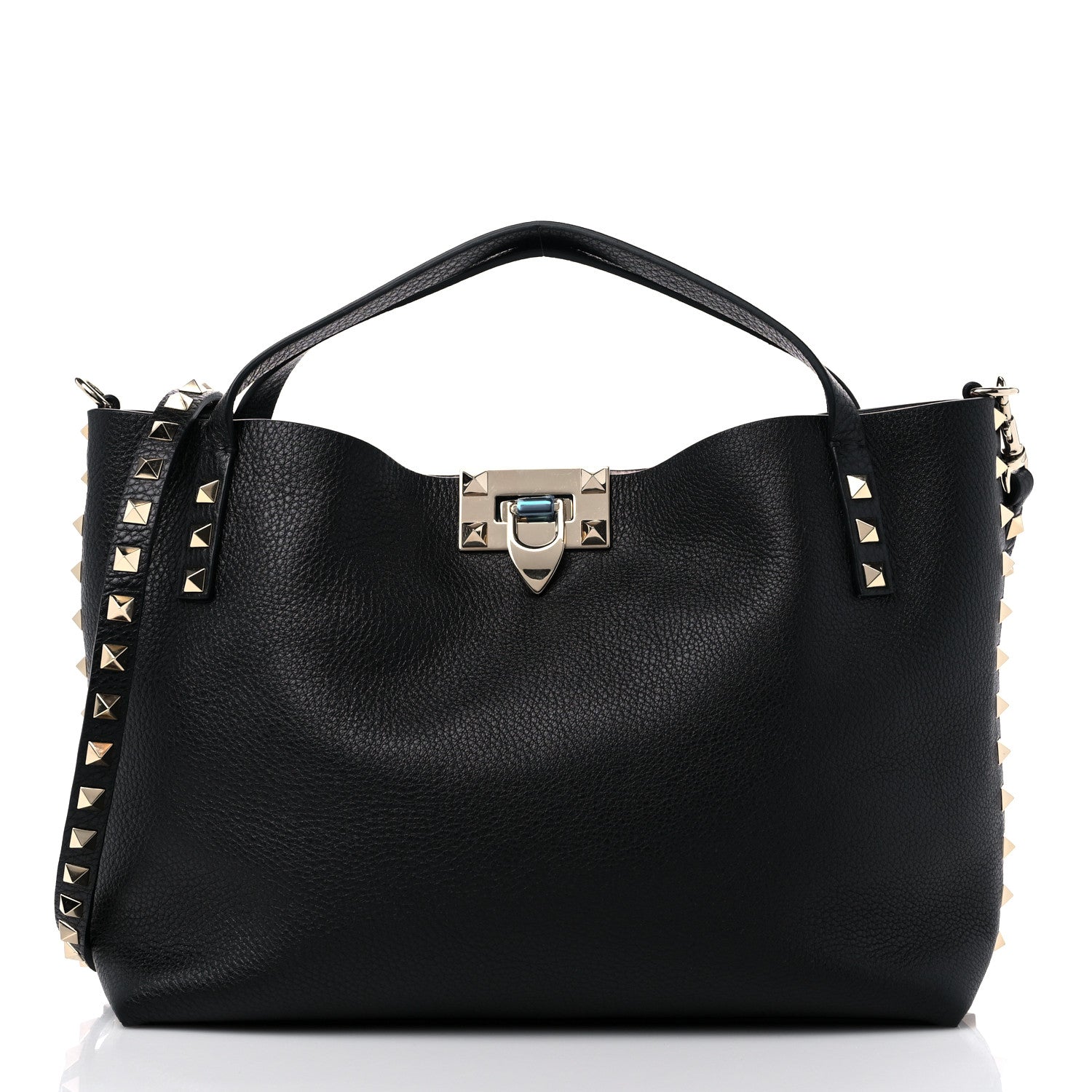Valentino Garavani Grained Calfskin Small Rockstud Flip Lock Tote Black Rose Quartz 2 of 8