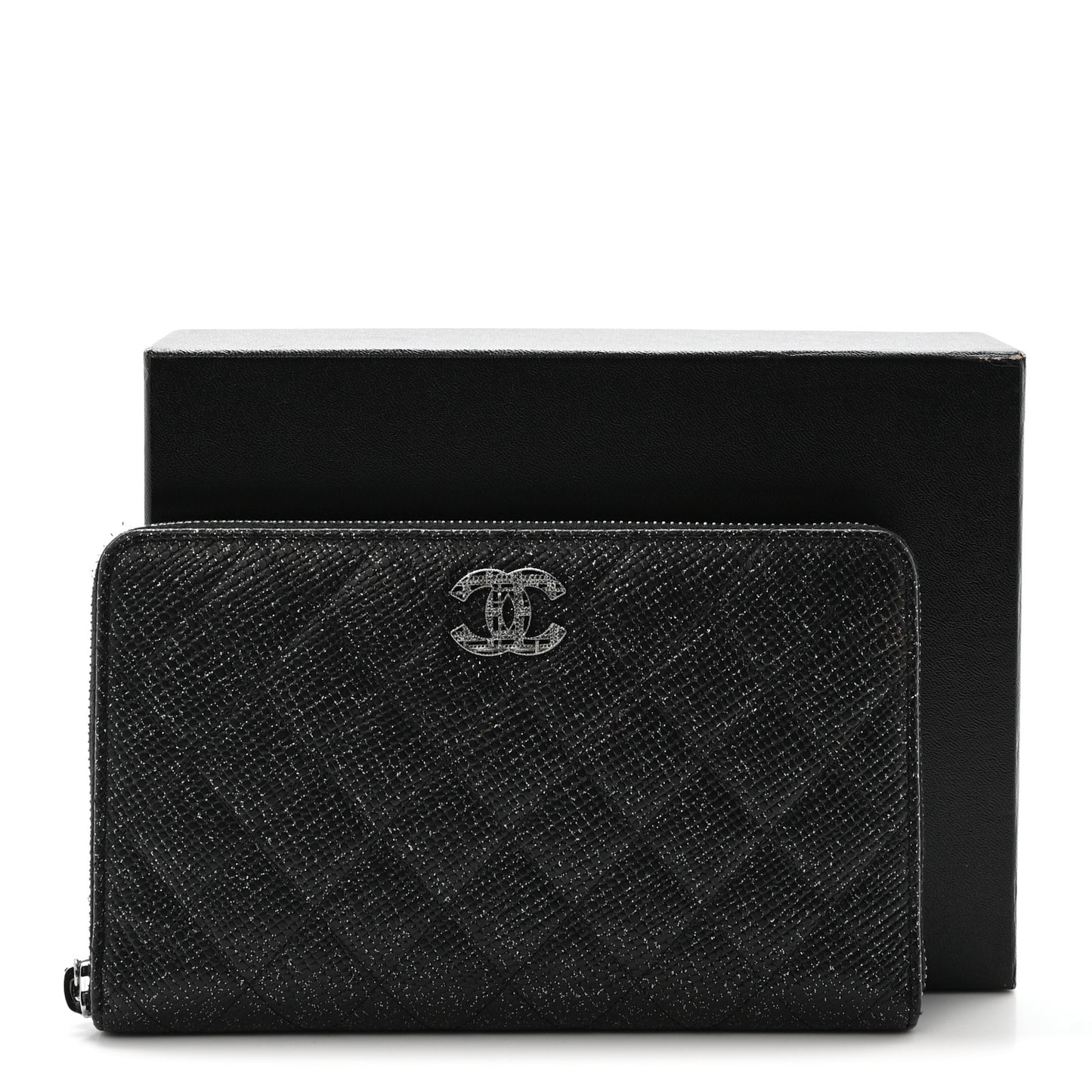 Glittered Calfskin Quilted Large Zip Around Organizer Wallet Black