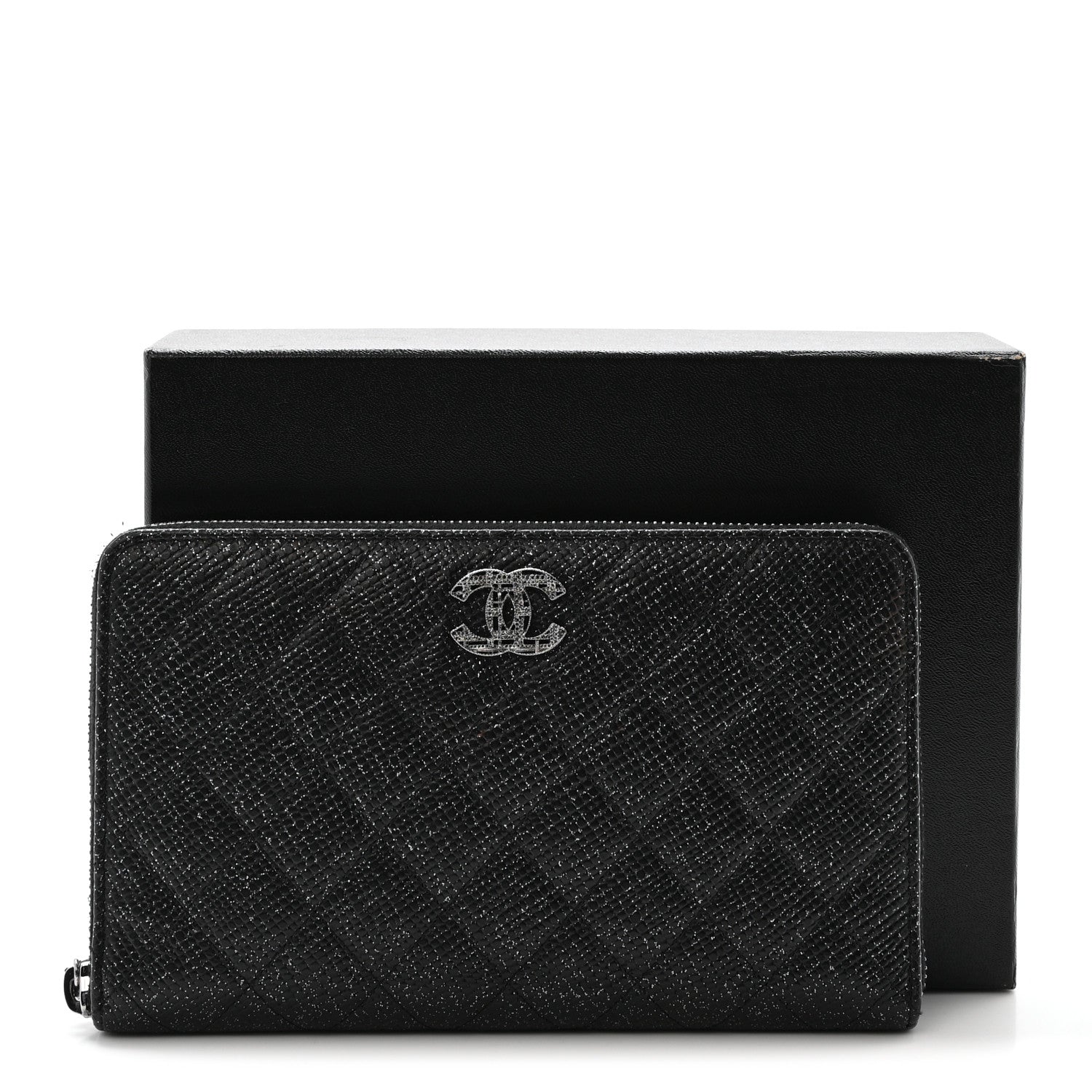 Chanel Glittered Calfskin Quilted Large Zip Around Organizer Wallet Black 9 of 9