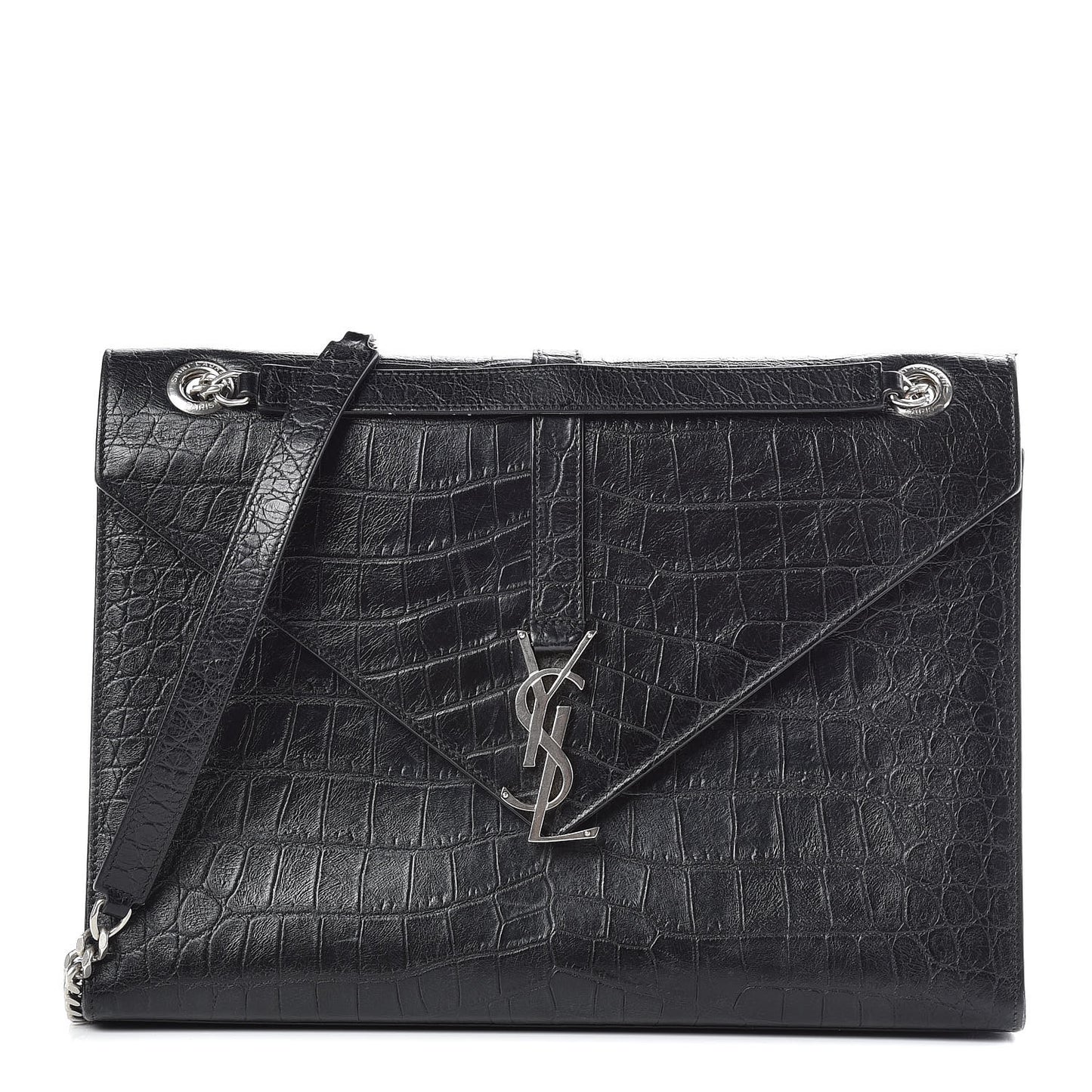 Calfskin Crocodile Embossed Monogram Large Satchel Black