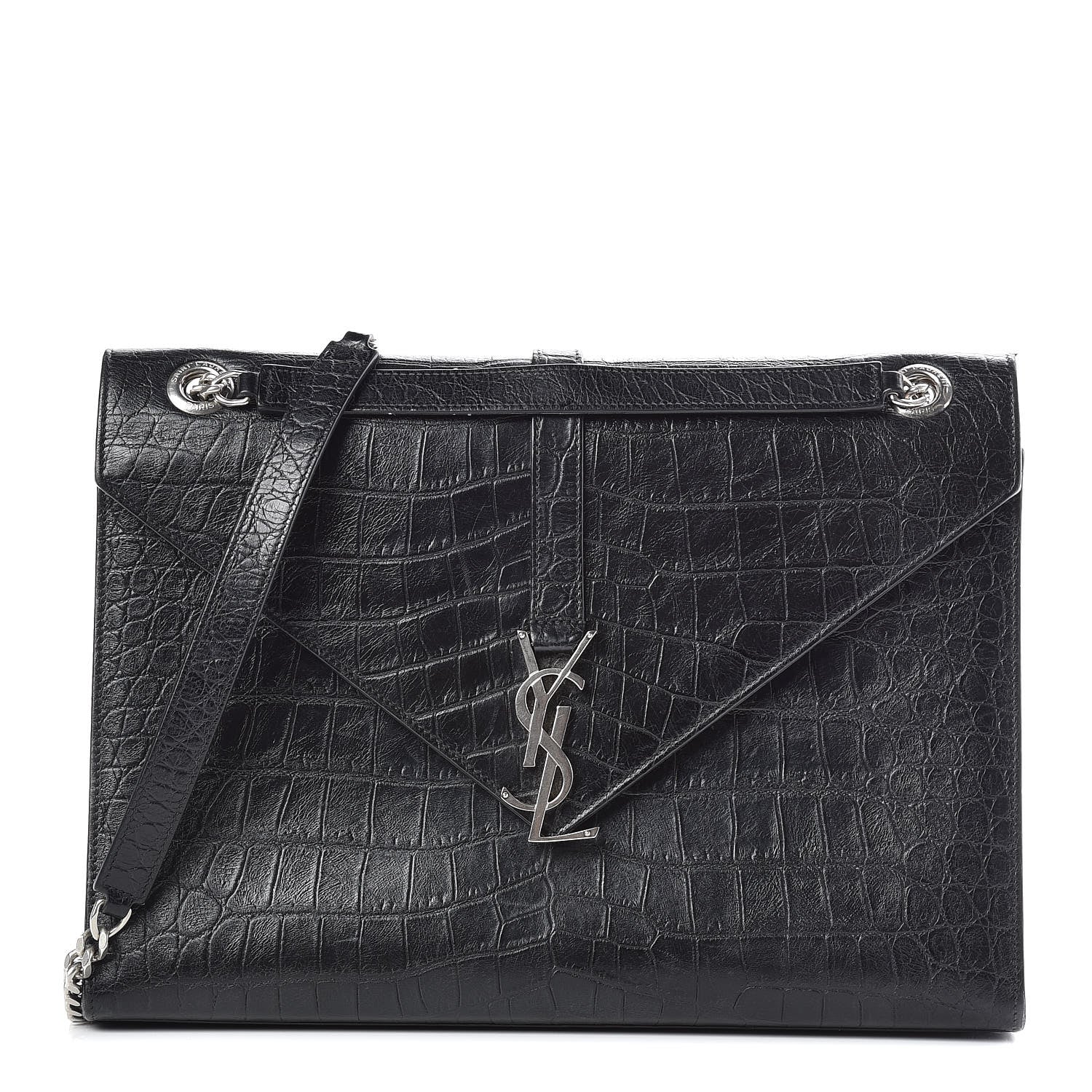 Saint Laurent Calfskin Crocodile Embossed Monogram Large Satchel Black 1 of 10