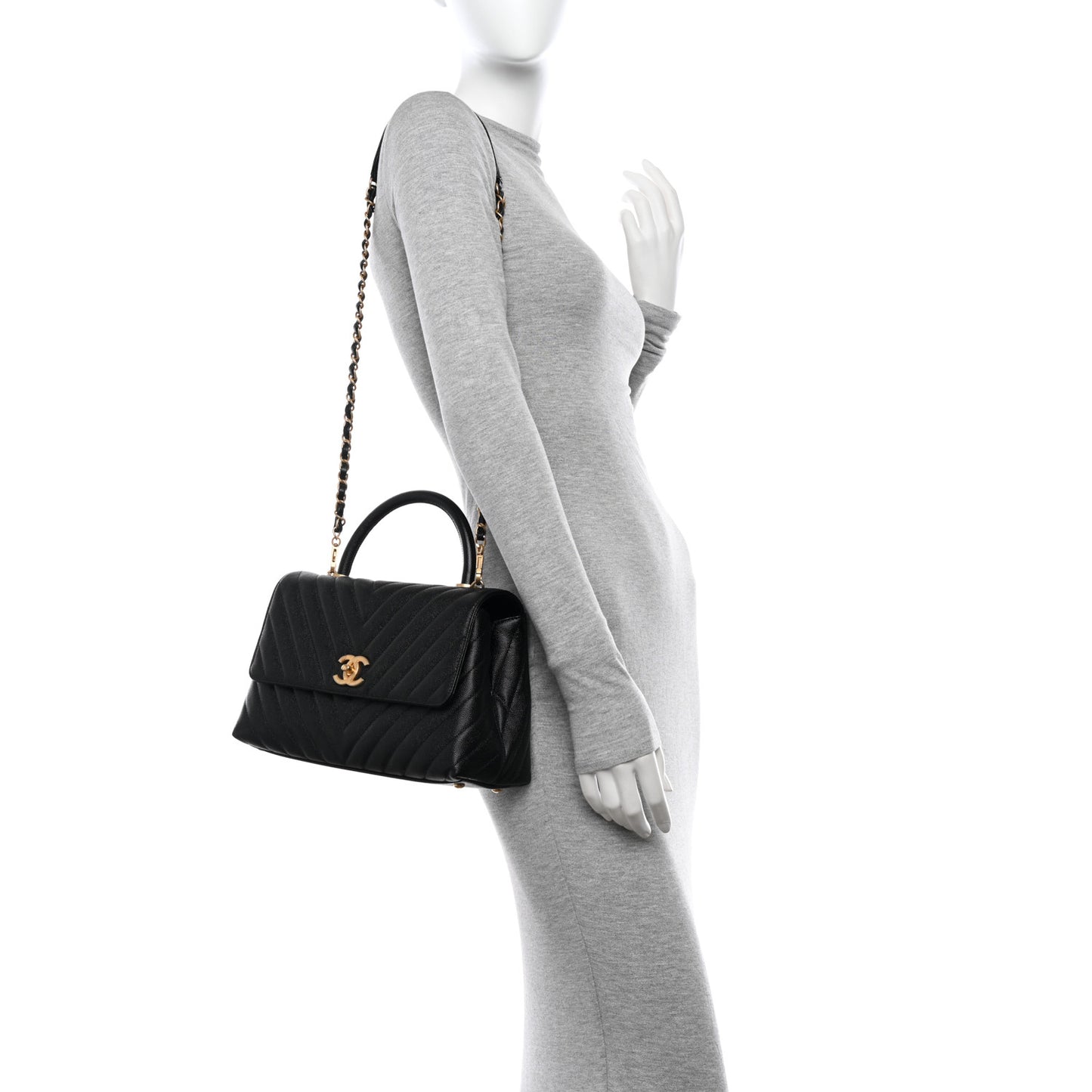 Caviar Chevron Quilted Small Coco Handle Flap Black
