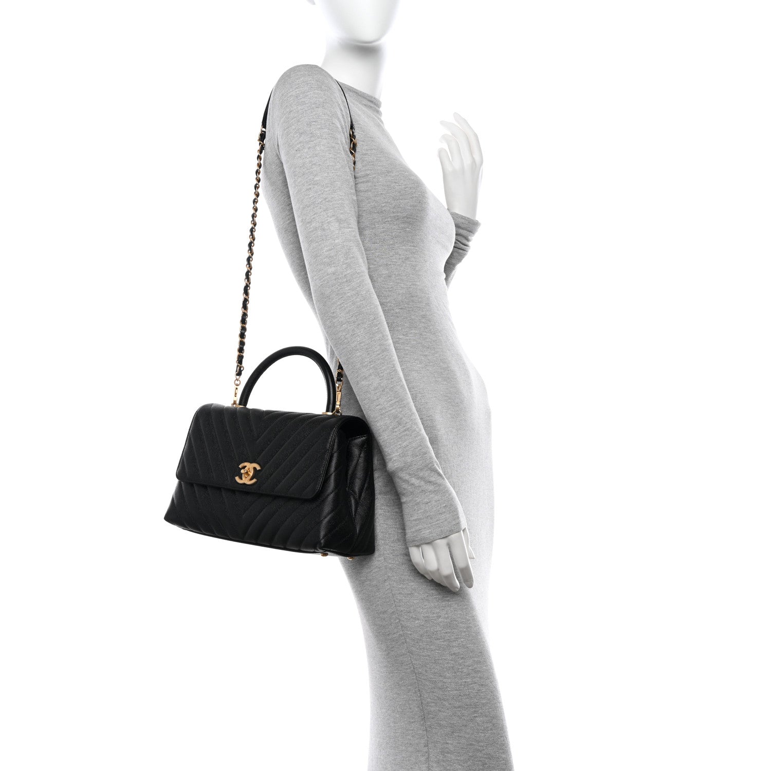 Chanel Caviar Chevron Quilted Small Coco Handle Flap Black 2 of 11